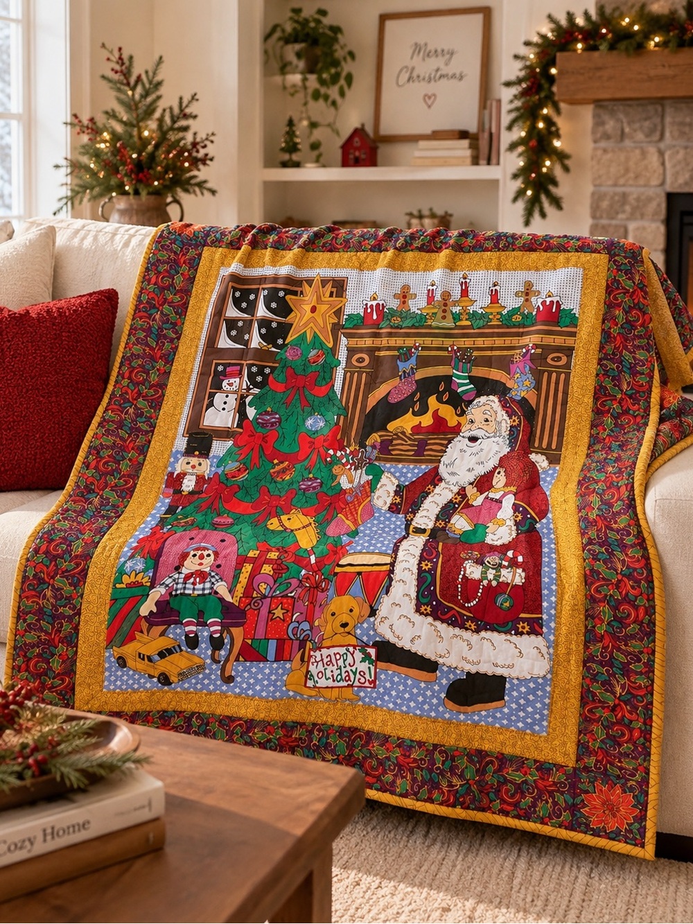 Christmas Santa Tree Quilted Throw Blanket 51.5x60” Holiday Quilt